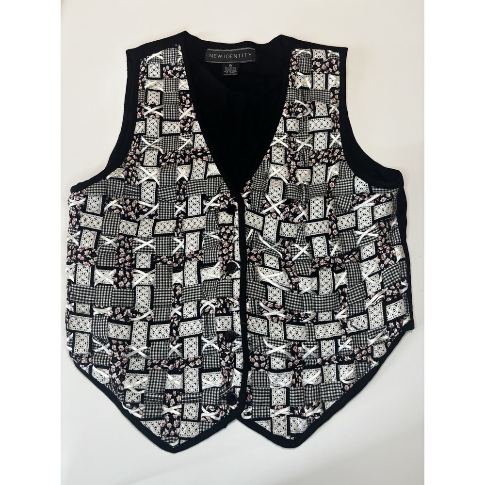 Vintage New Identity‎ Quilted Vest- Lace & Ribbon- Size 1x- Button Up
